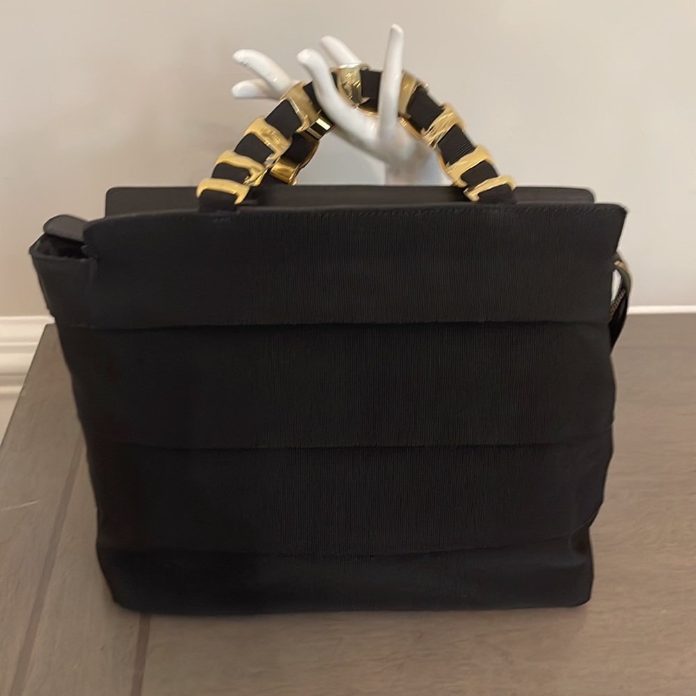 Salvatore Ferragamo Tiered Black Grosgrain Ribbon/Leather Handbag Vintage Rare